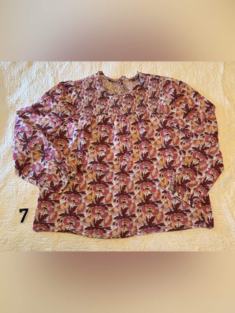 J. Crew Floral Smocked Yoke Blouse in Burgundy & Pink